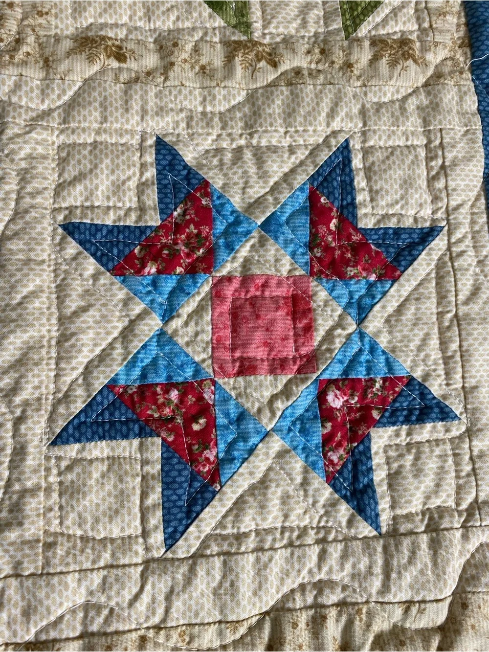 Handmade Patchwork Quilt Bedspread in Cream, Red, Blue & Green by